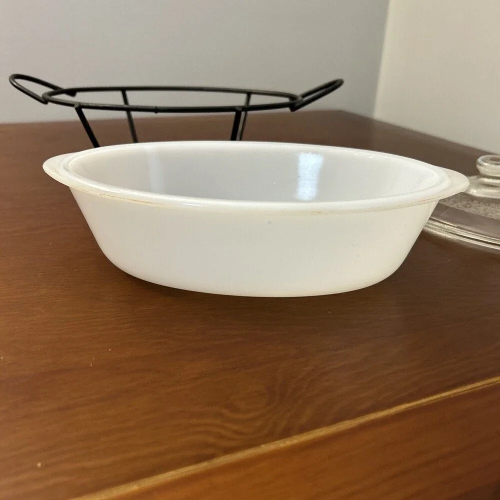 Vintage Glasbake 1 Qt. White Pot w/ metal Stand and lid